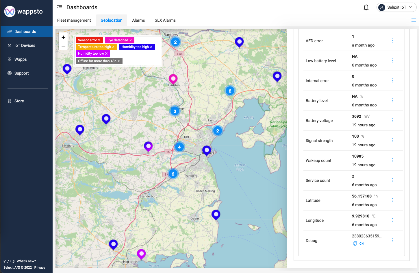 Wappsto geolocation dashboard with filtered devices